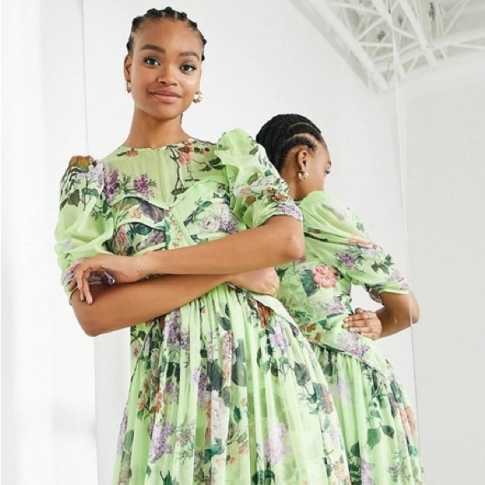 ASOS EDITION Corset Bodice Maxi Dress in Green Floral - SIZE 4
